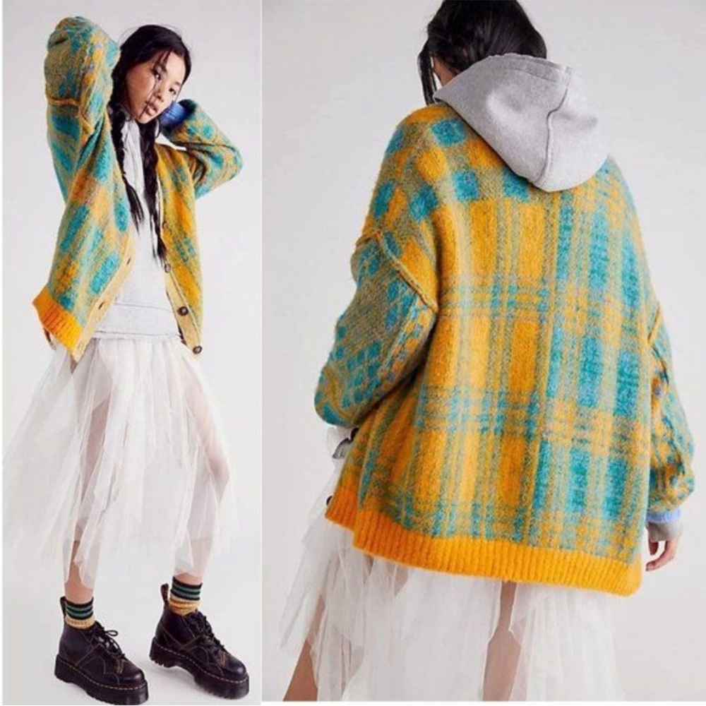 NEW Free People Marigold Sky Combo Plaid Oversized Sepia Cardigan